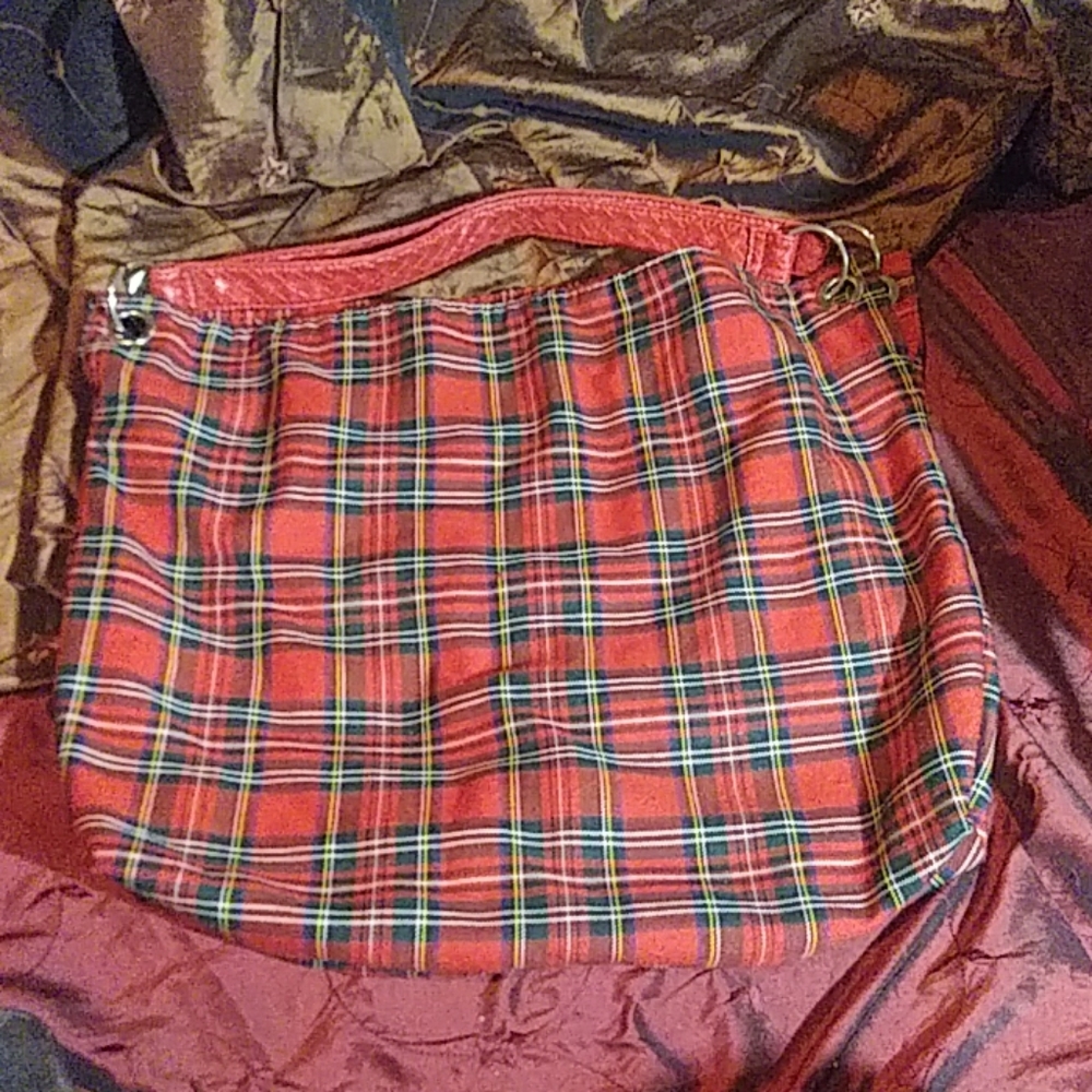Large red and black plaid tote bag